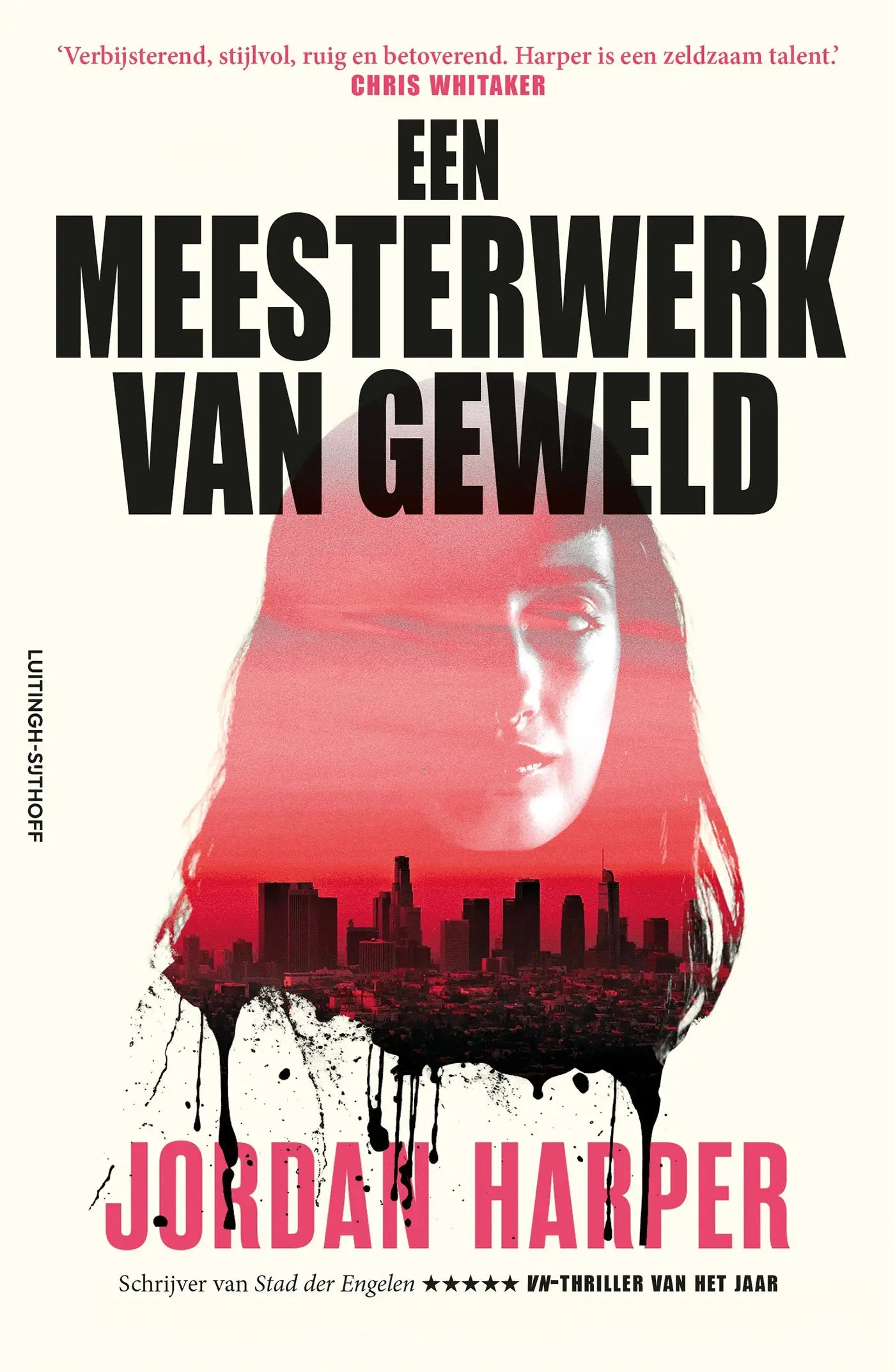 Een meesterwerk van geweld boek met een rode en zwarte omslag toont een vrouwen gezicht en stedelijke skyline met inkt druppels