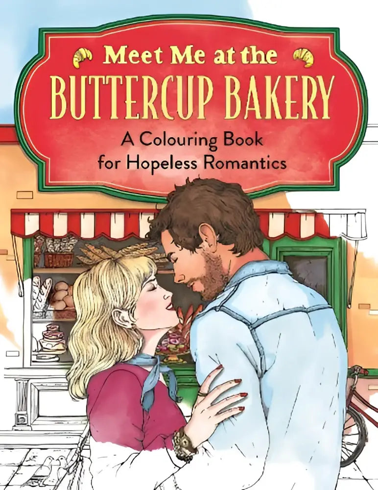 Een charmant geïllustreerd kleurboek meet me at the buttercup bakery met een roodgroene cover en een liefdevol paar voor de buttercup bakery