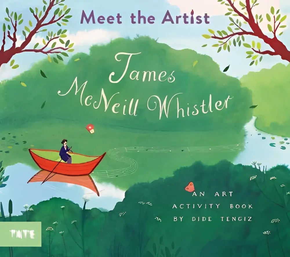 A vibrant red rowboat with a person inside set against green foliage in the art activity book meet the artist james mcneill whistler
