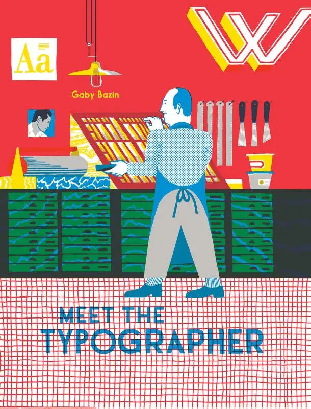 Vibrante rode geïllustreerde boekcover meet the typographer met gestileerde typograaf bij drukpers en geel w-logo