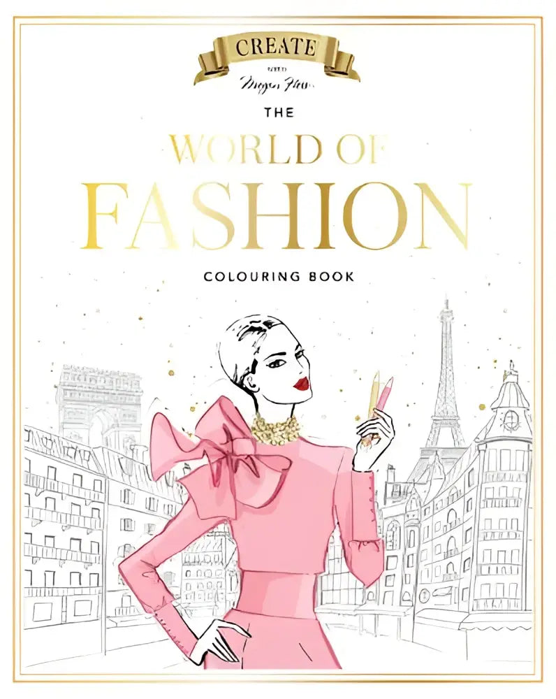 Roze fashion colouring book cover van megan hess met gestileerde vrouw en parijse stadsgezicht achtergrond