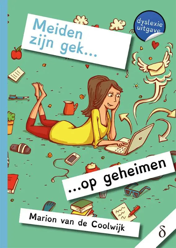 Cartoonillustratie van een vrouw in geel en rood liggend met laptop te midden van boeken en een appel uit serie meiden