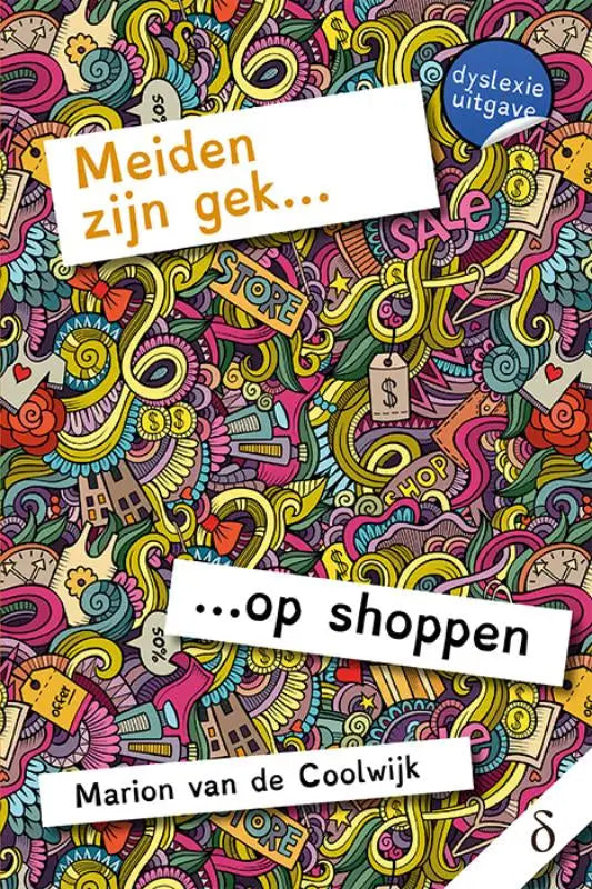 Vibrante kleurrijke boekcover met shopthema in doodle stijl van serie meiden het boek meiden zijn gek op shoppen