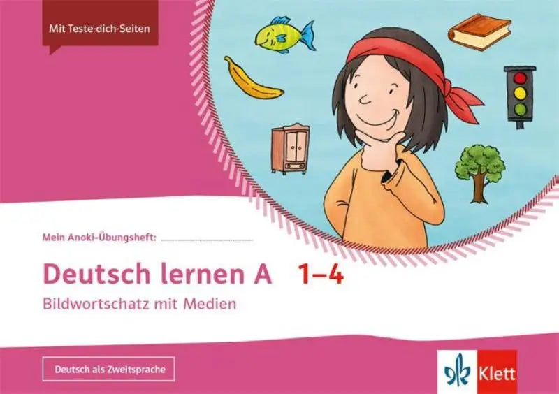 Roze en wit arbeitsheft mit medien mein anoki-Übungsheft Duits leren voor kinderen 1-4 jaar met illustratie van kind