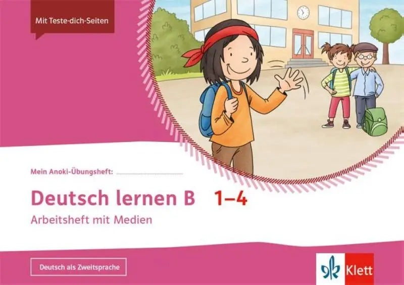 Roze en witte mein anoki-übungsheft cover met cartoon meisje en blauwe rugzak, arbeitsheft mit medien klasse 1-4