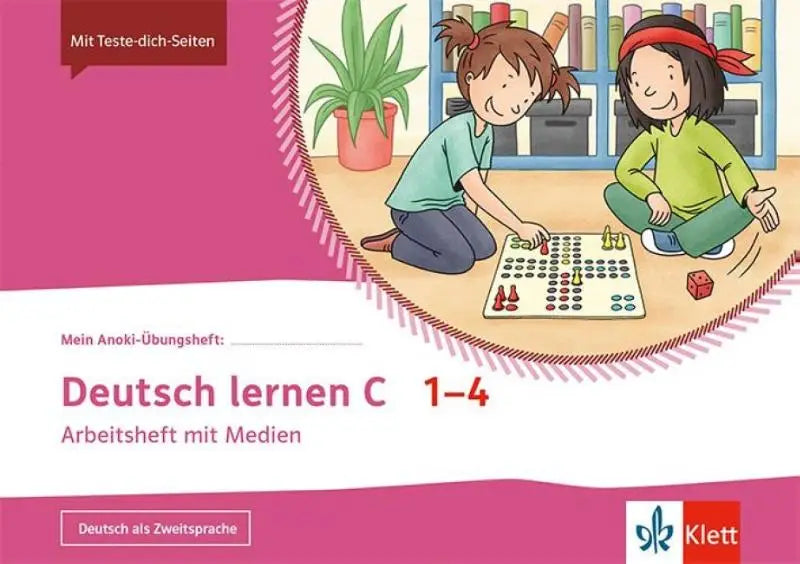 Roze arbeitsheft mit medien mein anoki deutsch lernen c 1-4 van klett met illustratie van kinderen spellen spelen