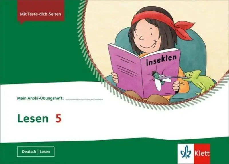 Paars mein anoki-übungsheft insekten met cartoon kind en groene kameleon leesboek klasse 5