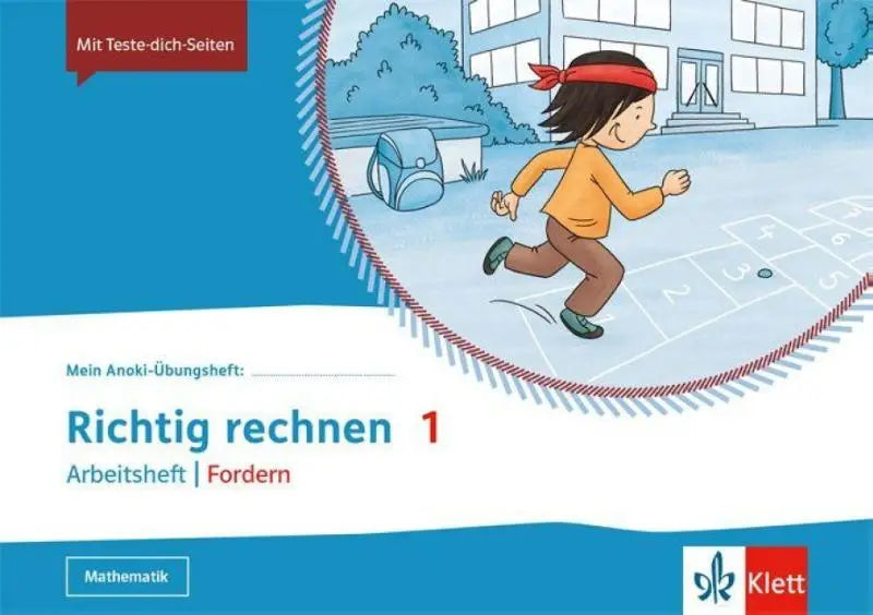 Blauw-wit mein anoki-Übungsheft klasse 1 met cartoonkind op hinkelbaan voor richtig rechnen oefenen