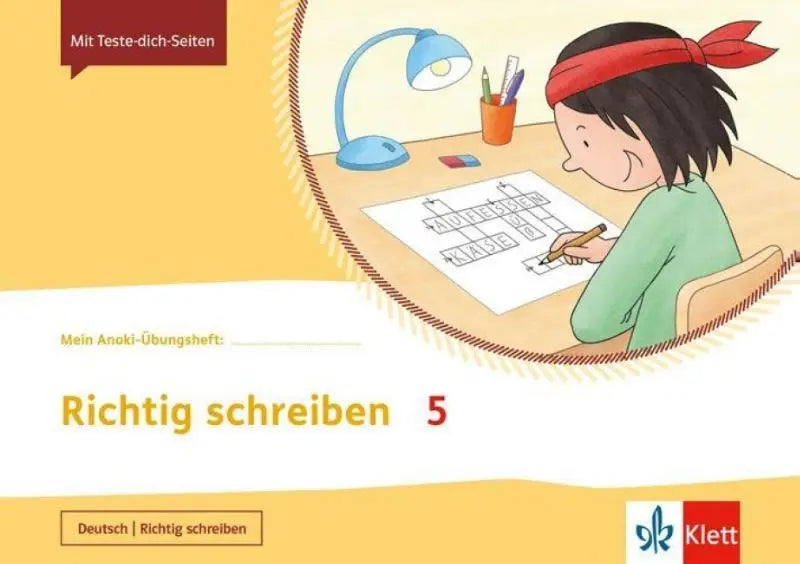 Yellow covered bungsheft klasse richtig schreiben 5 von klett mit kind beim kreuzworträtsel im mein anoki übungsheft