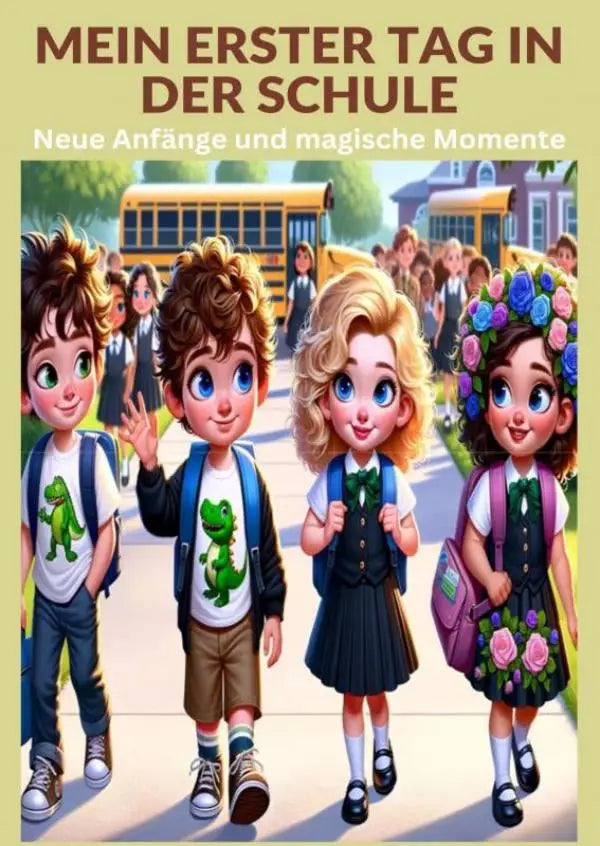 Gele schoolbus met zwarte ramen en blauwe accenten op achtergrond van mein erster tag boek als ideaal geschenk zur einschulung
