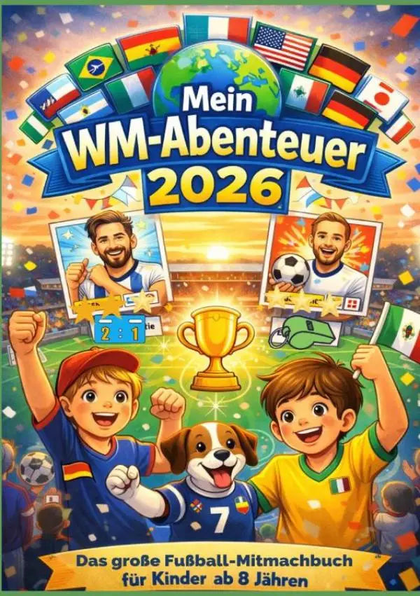 De cover van mein wm-abenteuer 2026 toont een gouden trofee en cartoon kinderen met honden in sportshirts als jouw perfect begeleider met coole feiten