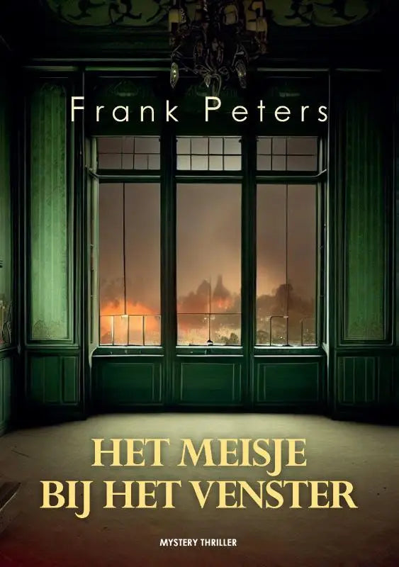 Donker groen paneelvenster met uitzicht op oranje vuur buiten in het meisje bij het venster