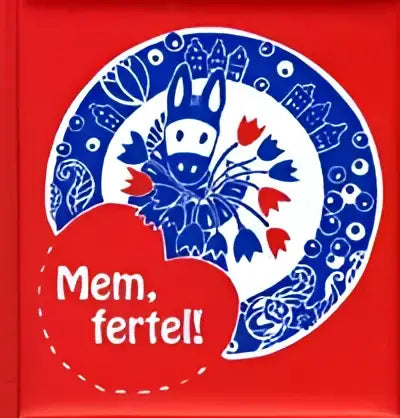 Rood kinderboek cover met een blauw-witte decoratieve plaat en cartoon konijn ontwerp getiteld mem fertel