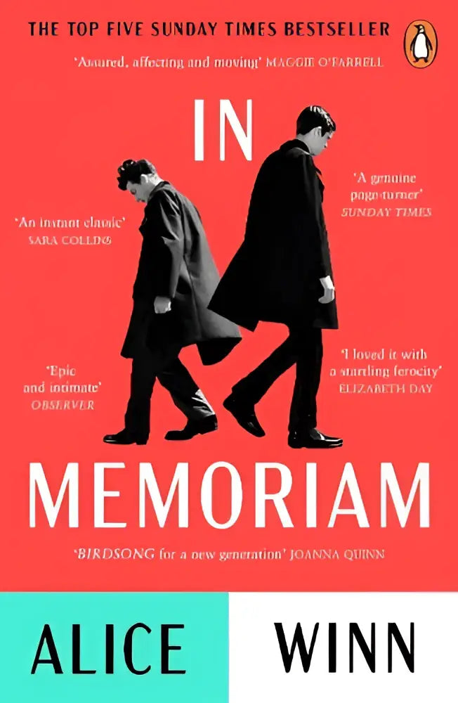 De boekcover van in memoriam toont een rode achtergrond met witte letters en zwart-witte silhouetten top five sunday times bestseller