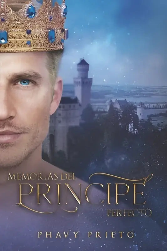 Een man met felblauwe ogen draagt een gouden kroon met blauwe edelstenen voor memorias del príncipe perfecto