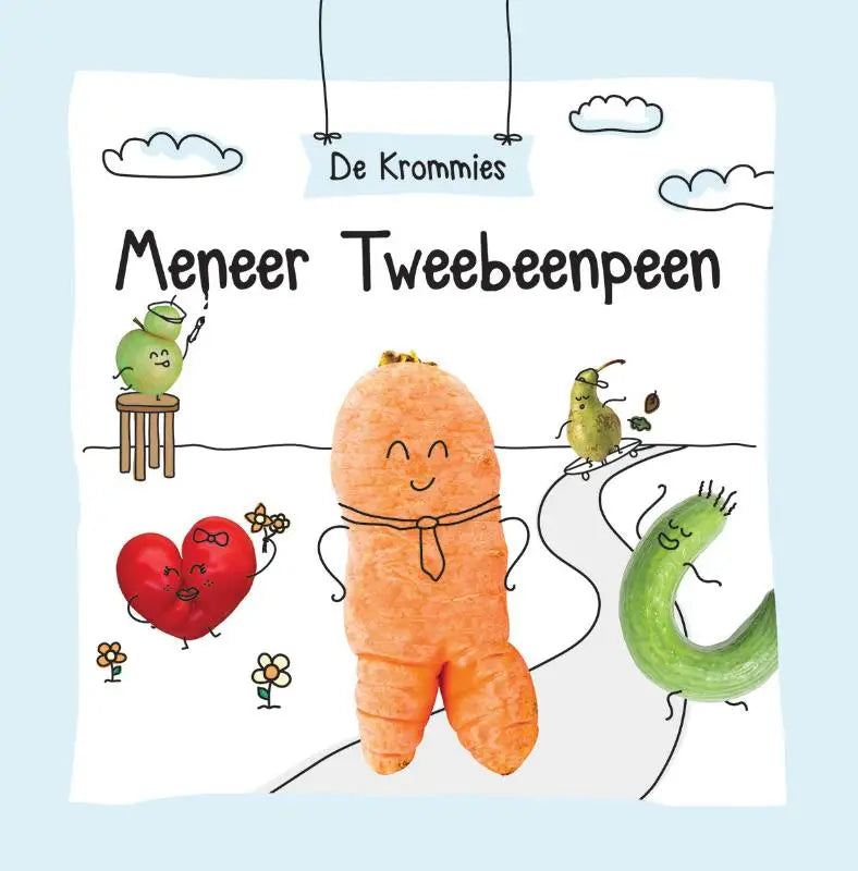 Oranje wortelkarakter meneer tweebeenpeen met glimlach, stropdas en armen voor jonge lezers