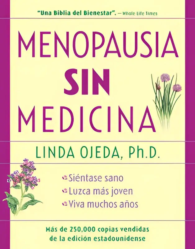 De boekcover van menopausia sin medicina toont de titel in paarse letters met bloemillustraties op een gele achtergrond