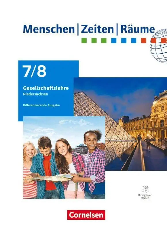 Blauw-wit schoolboek menschen-zeiten-räume differenzierende ausgabe mit digitalen medien kinderen met kaart bij louvre piramide