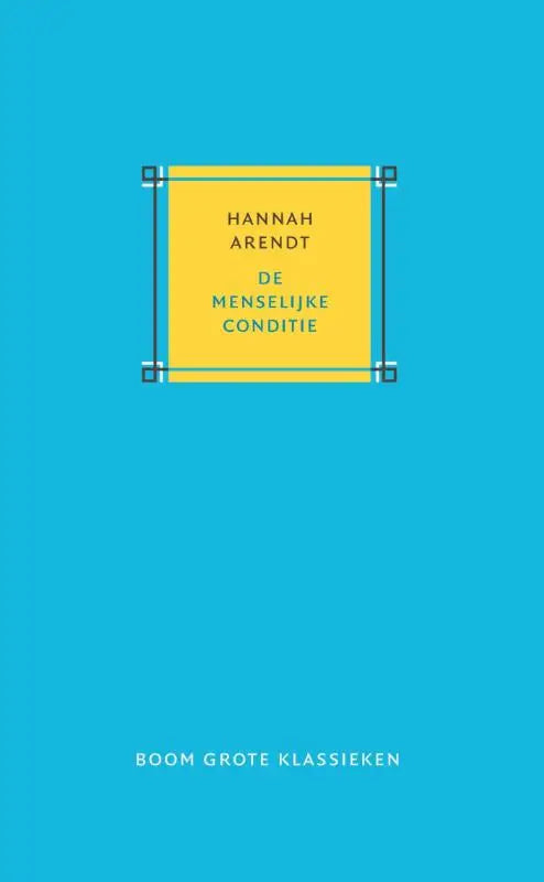 Bright yellow book cover with black text for humaine conditie by hannah arendt featuring minimalist design