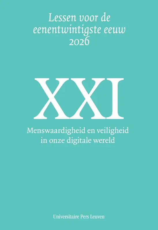 Teal gekleurde boekcover met witte tekst en romeinse cijfers xxi over menswaardigheid en veiligheid in de digitale wereld