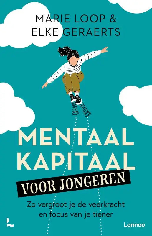 De boekcover mentaal kapitaal voor jongeren toont een meisje op veren tegen een groene achtergrond met witte wolken