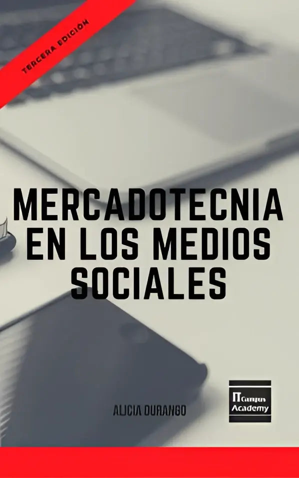 De boekcover toont mercadotecnia en los medios sociales derde editie met zwarte tekst en rode diagonale strepen