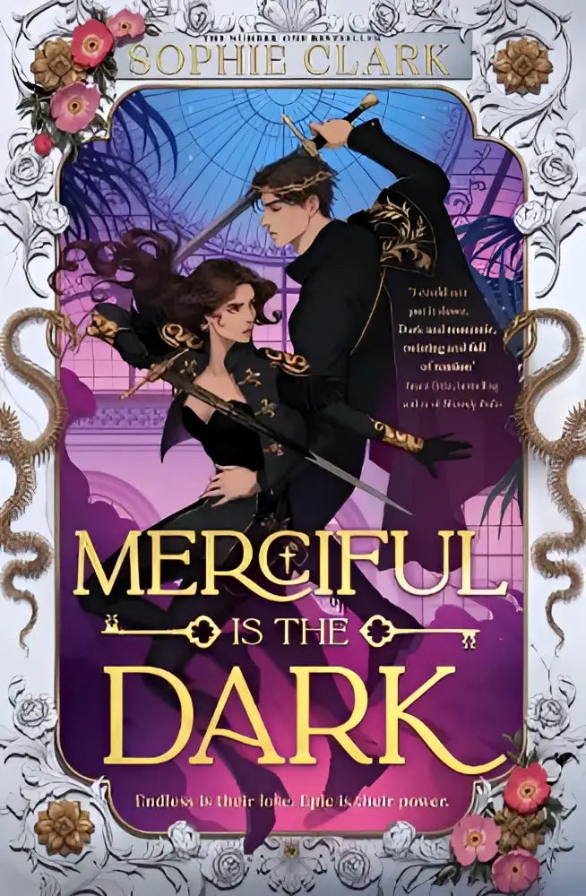 The book cover for merciful is the dark by sophie clark features a purple and gold design with two darkly dressed characters, teenage fiction