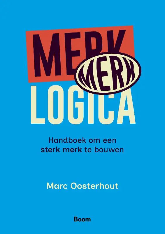 Blauw boekmerklogica met opvallende witte en zwarte tekst en een rood merkvlak, geschreven door marc oosterhout