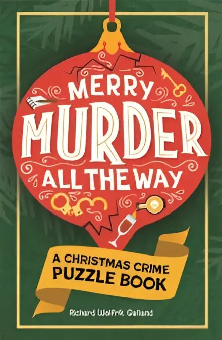Rood kerstbalvormig puzzle book merry murder all the way met witte tekst en gouden accenten met clues to solve