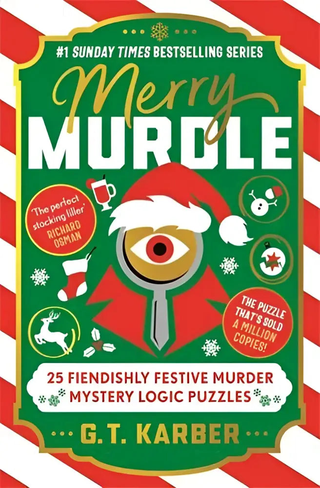 Groen boekcover merry murdle gt karber met kerstmanmuts, oog en sleutel ontwerp en feestelijke sneeuwvlokken en rendieren, sunday times bestselling