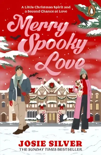 Boekomslag merry spooky love met feestelijke rode achtergrond sneeuwvlokken en winterkleding bij verlichte sneeuwhuis