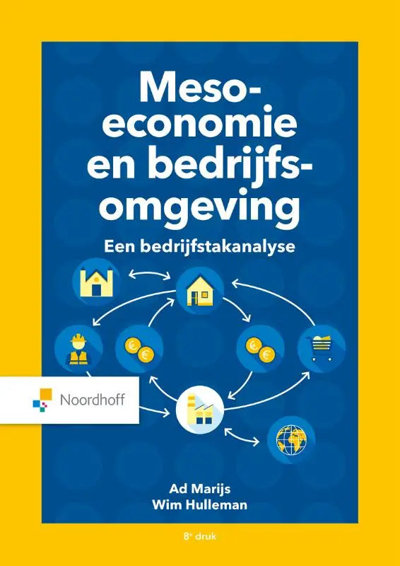 Blauwe boekcover met gele tekst en icons over economische concepten van wim hulleman voor algemene economie door noordhoff