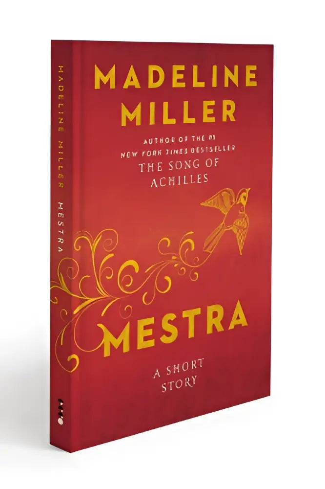 Rood harde kaft boek met gouden lettertype en sierlijk ontwerp, mestra door madeline miller