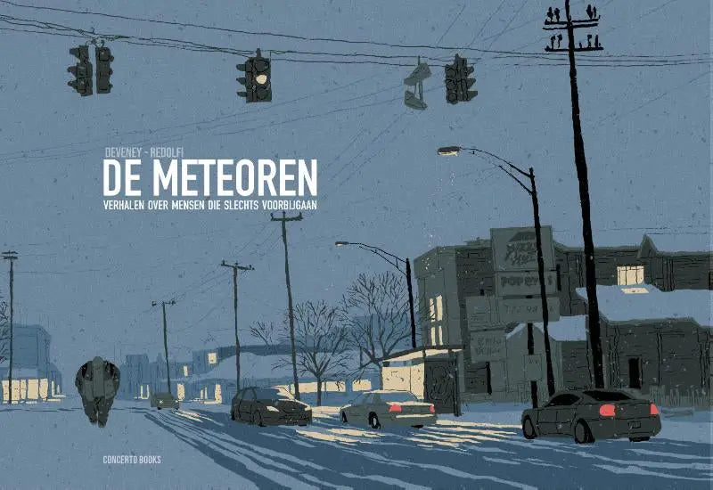 Blauwgetinte geïllustreerde boekcover van de meteoren door deveney-redolfi met winters straatbeeld en verkeerslichten