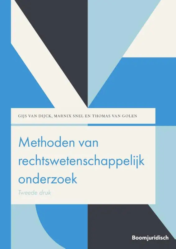 Blauw-witte geometrische boekomslag van methoden van rechtswetenschappelijk onderzoek door marnix snel koninklijke boom