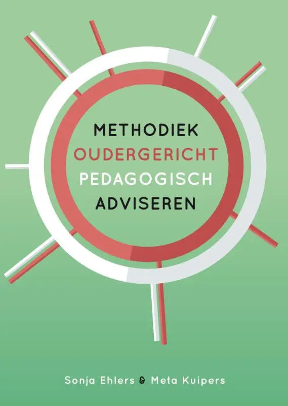 Boekcover methodiek oudergericht pedagogisch adviseren met minimalistisch ontwerp rode en witte cirkels op groene achtergrond