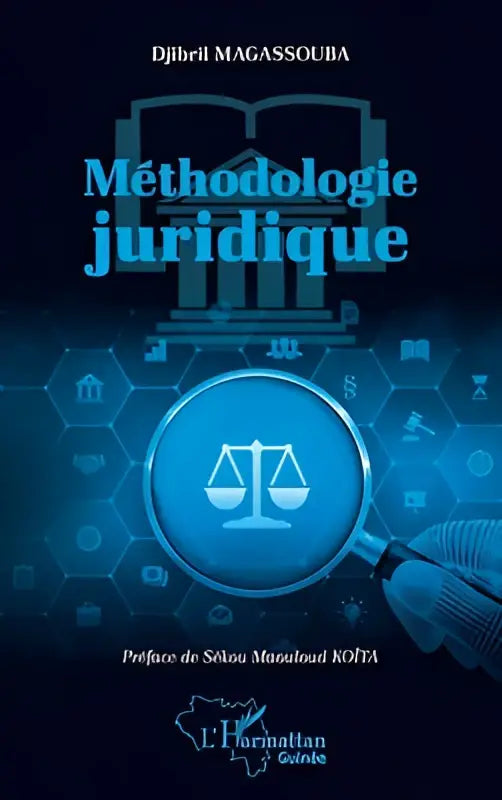 Blauwe digitale omslag van het boek méthodologie juridique door djibril magassouba met vergrootglas en rechtvaardigheidsschaal