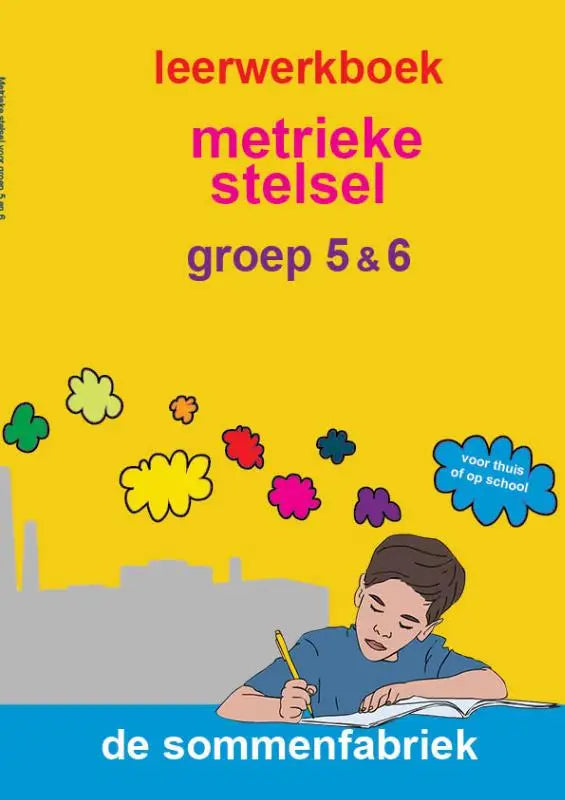Helder gele cover van een nederlandse basisschool wiskundeboek metrieke stelsel voor groep 5 en 6 met illustratie van jongen