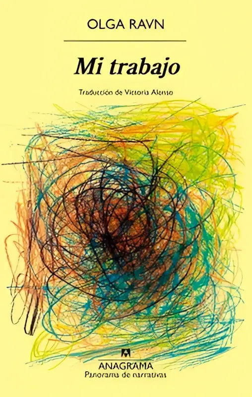 De boekcover van Mi Trabajo toont een levendige abstracte illustratie van gele, groene, blauwe en bruine lijnen op een lichtgele achtergrond