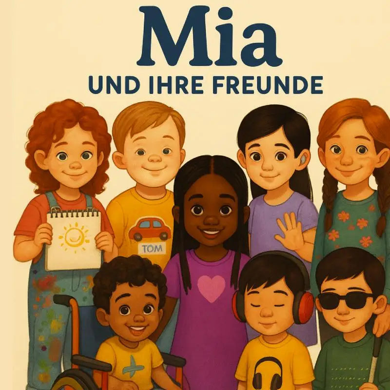 Illustrated childrens book cover mia und ihre freunde featuring diverse smiling kids in colorful clothes and geschichten über inclusion