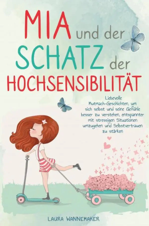 Kleurige kinderboek cover met een roodharig meisje op een teal scooter en bloemenkar om zelf en zijn gevoelens beter te begrijpen