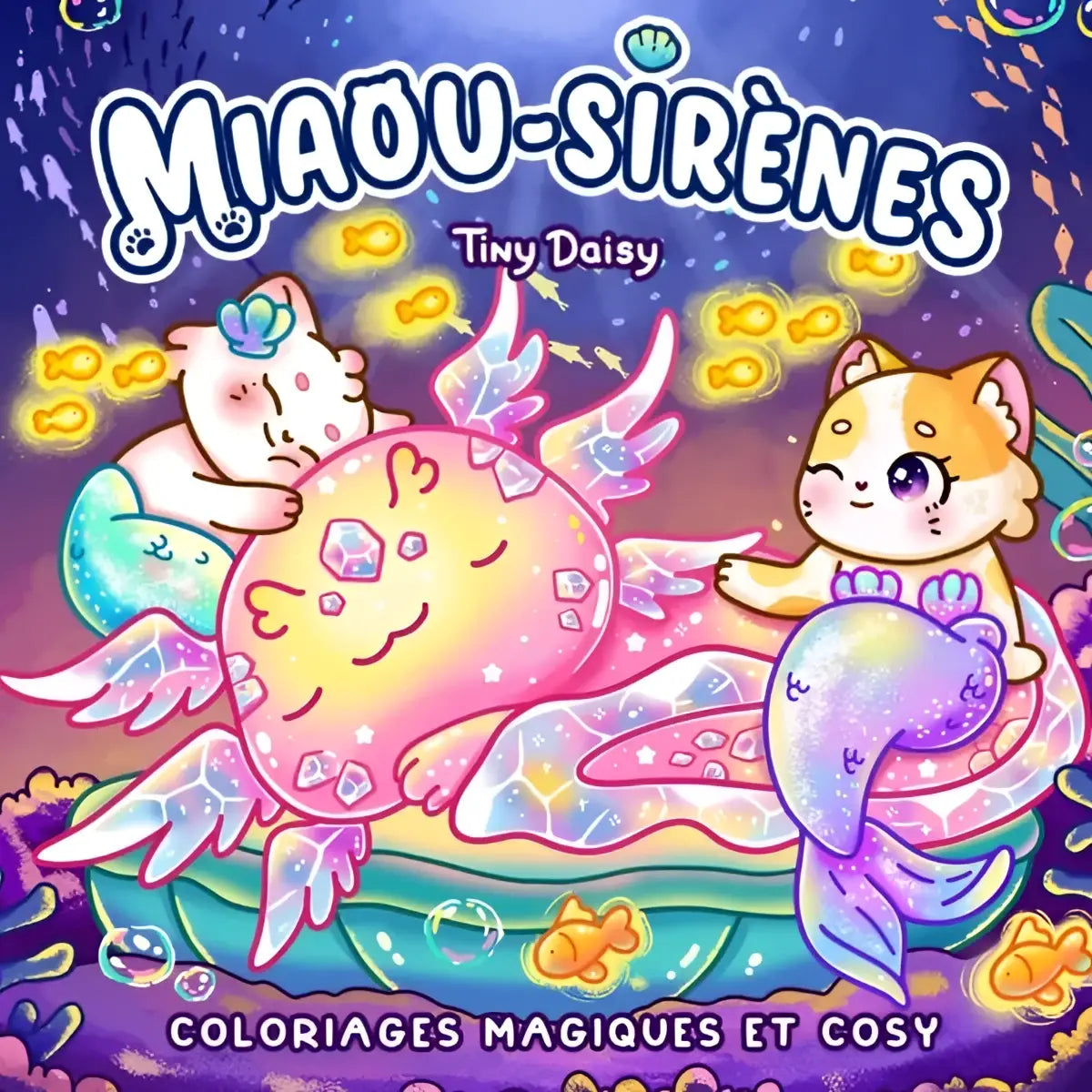 Pastel illustratie van twee cartoon katten als zeemeerminnen met een gloeiende roze axolotl in miaou-sirènes coloriages tiny daisy voor nederlandstalige kinderen