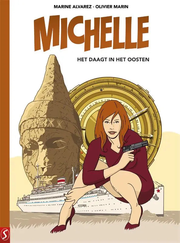 Een gestileerde illustratie van michelle met een bordeauxrode jurk en hakken die hurkt met een zwart pistool