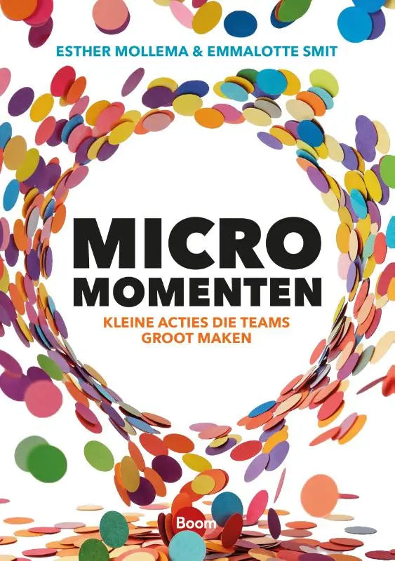 De boekcover van micro-momenten toont een kleurrijk patroon van confetti symboliserend kleine acties die teams groot maken