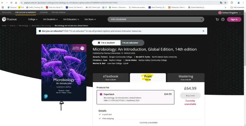Boekomslag van microbiology an introduction global edition 14e editie door gerard j met mastring microbiology with pearson etext