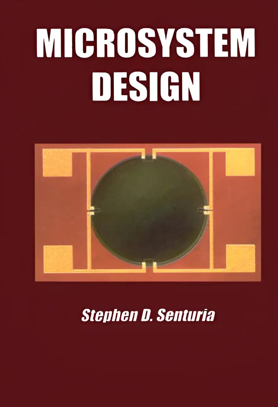 De boekcover van microsystem design toont een roodbruine achtergrond met witte titel en groen microsysteem op rooster
