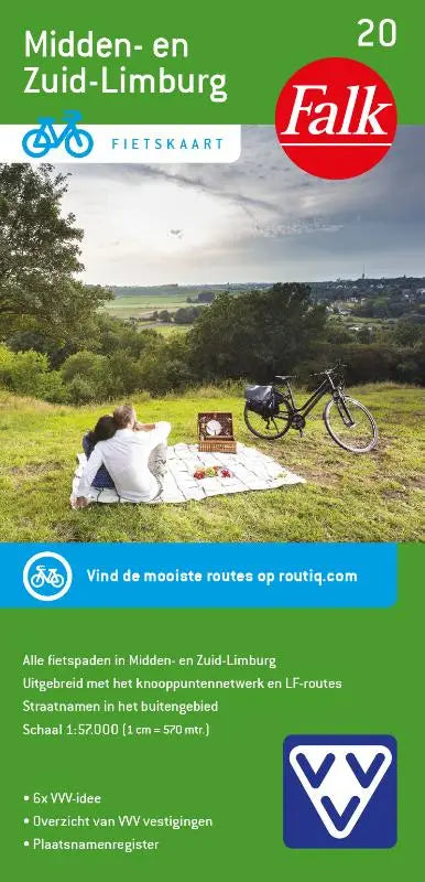 Falk fietskaart midden- en zuid-limburg in groen en wit met afbeelding van picknickende mensen bij een zwarte fiets