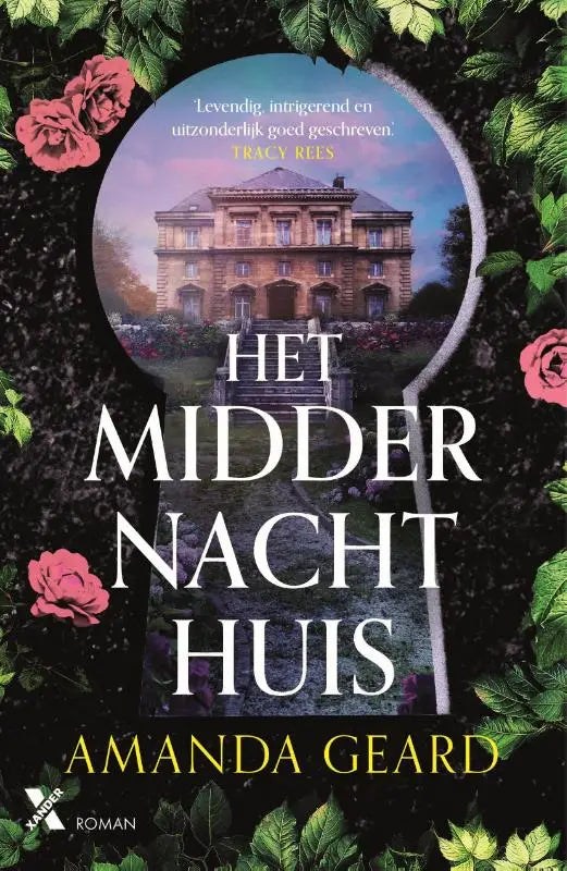 Het middernachthuis boekcover met een cirkelvormig sleutelgat en een elegante stenen herenhuis facade