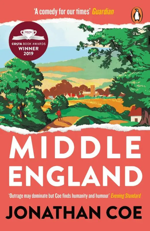 De boekomslag van middle england door jonathan coe toont een levendig geïllustreerd platteland met groene bomen en glooiende heuvels