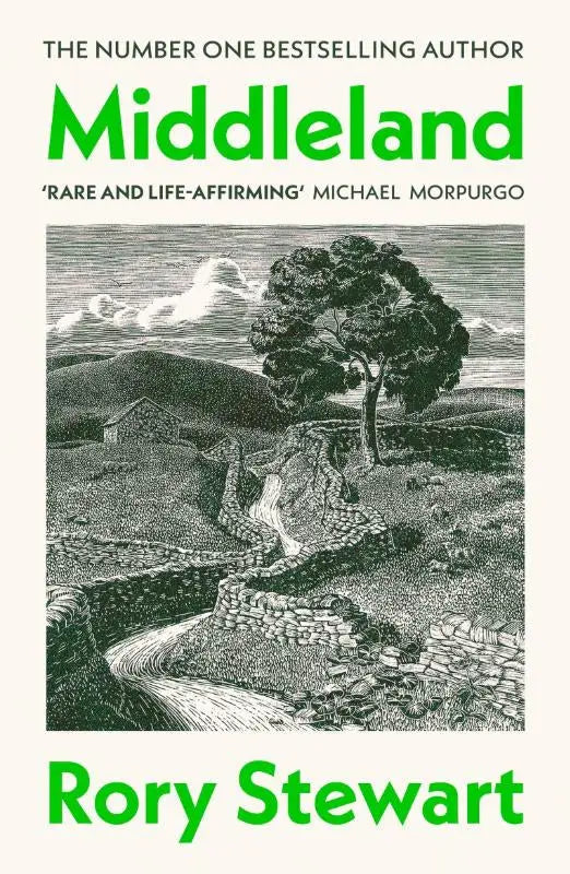 Green hardcover book middleland by rory stewart with black and white rural landscape illustration published by jonathan cape historische non fictie